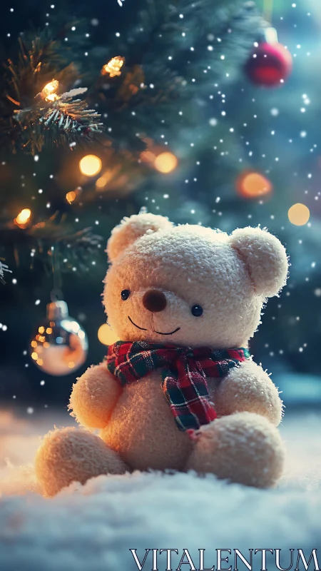 Cozy teddy bear under glowing Christmas tree lights.