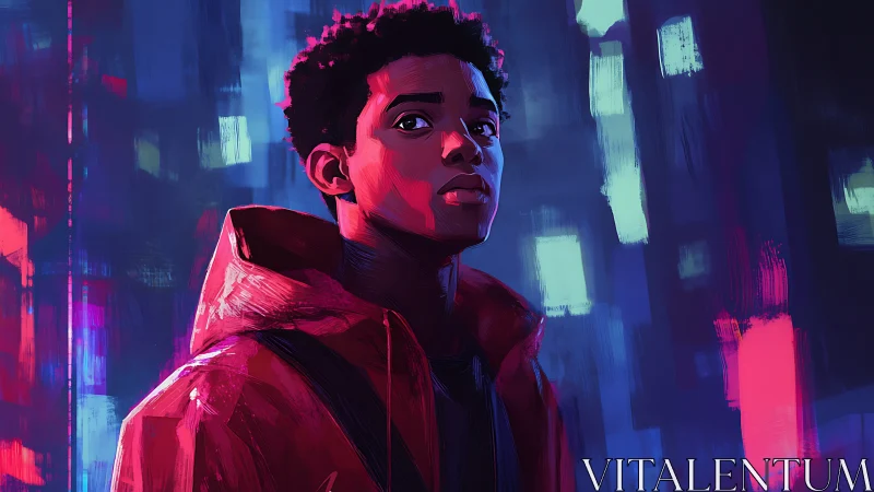 Urban youth portrait under neon city lights at night.