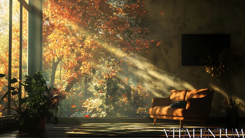 Sunlit autumn lounge where golden leaves kiss quiet walls.