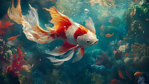 Graceful koi swims through luminous underwater dreamscape.