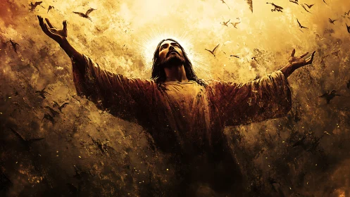 Radiant robed figure with outstretched arms in golden light.