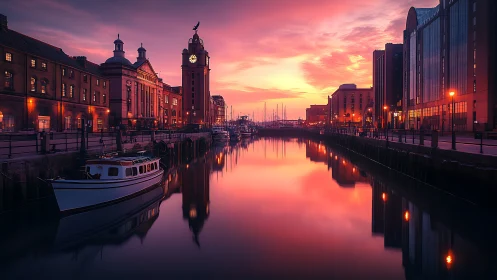 Harbor sunrise glows softly over calm water and quiet boats