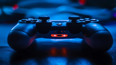 Gaming controller photographed in blue and red ambient lighting conditions