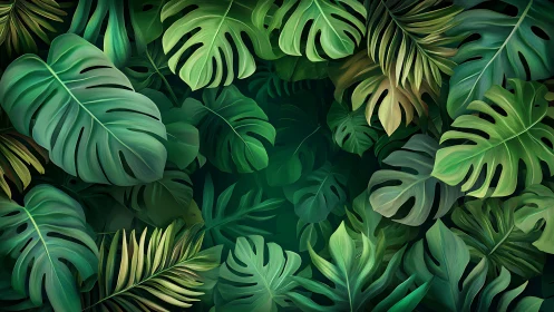 Lush digital jungle foliage with layered monstera leaves.