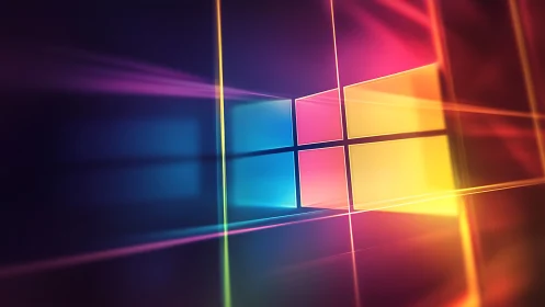 Vibrant geometric window abstraction in neon light grid.