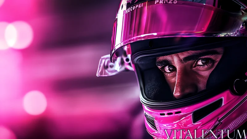 Intense race driver gazes through a vivid pink helmet glow