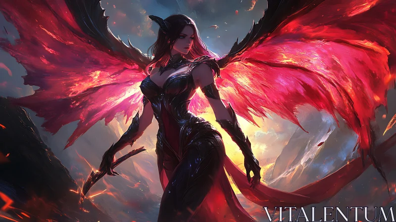 Infernal winged warlord in high-saturation lava dusk sky.