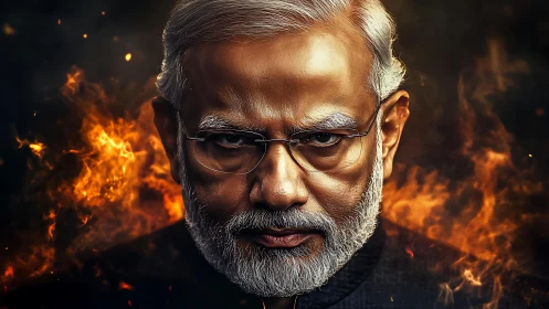 Intense silver-bearded leader portrait amid blazing embers.