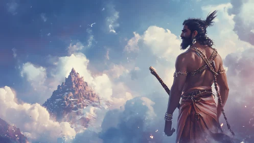 Warrior observes distant mountain citadel within clouds