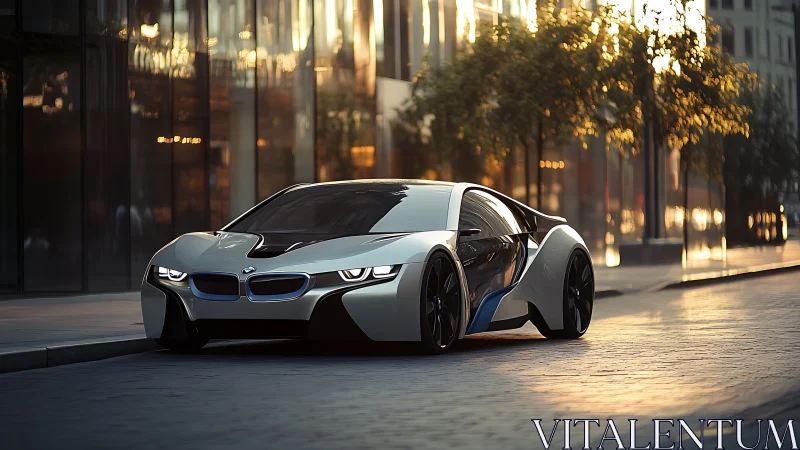 Futuristic electric sports car glides through golden city street.