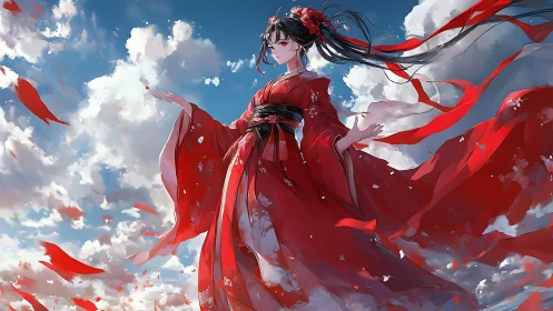 Crimson sky dancer drifting through bright cloudlight.