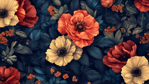 Layered floral composition with contrasting warm blooms against deep navy background