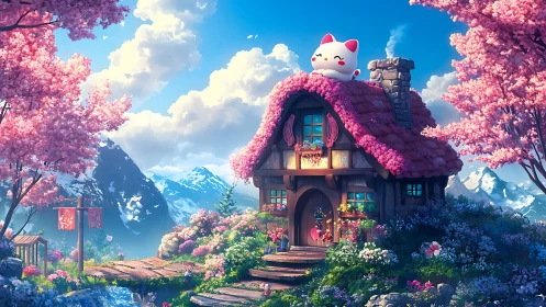 Cottage under cherry blossoms with giant cat figure on roof