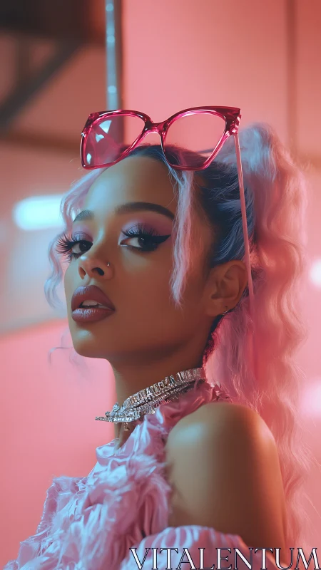 Neon-lit pastel portrait with pink eyewear and crystal choker.