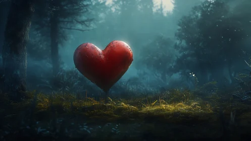 Red Heart Suspended in Misty Forest Clearing