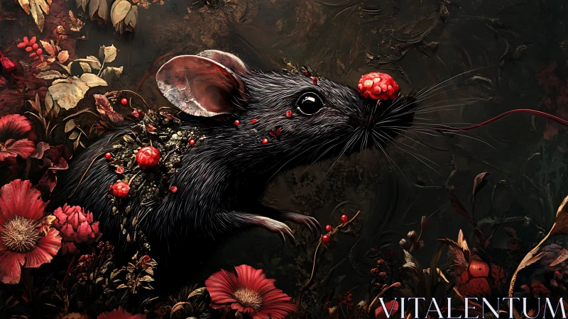 Black field mouse with berries in dense floral surroundings.