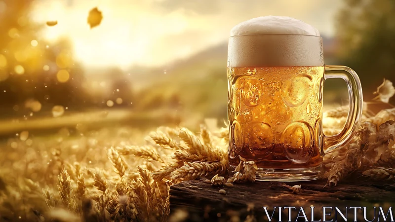 Frosted lager beer stein amid sunlit barley field at dusk
