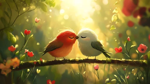 Two Birds Share a Romantic Moment Among Glowing Flowers