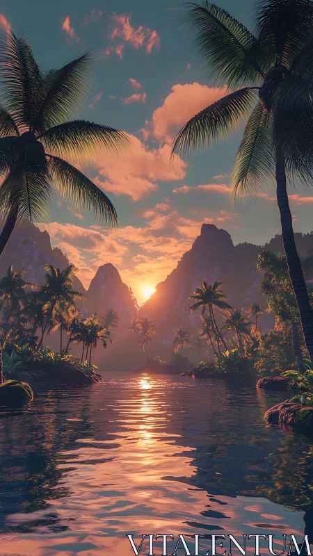 Tropical Valley Sunset Through Palm Forest