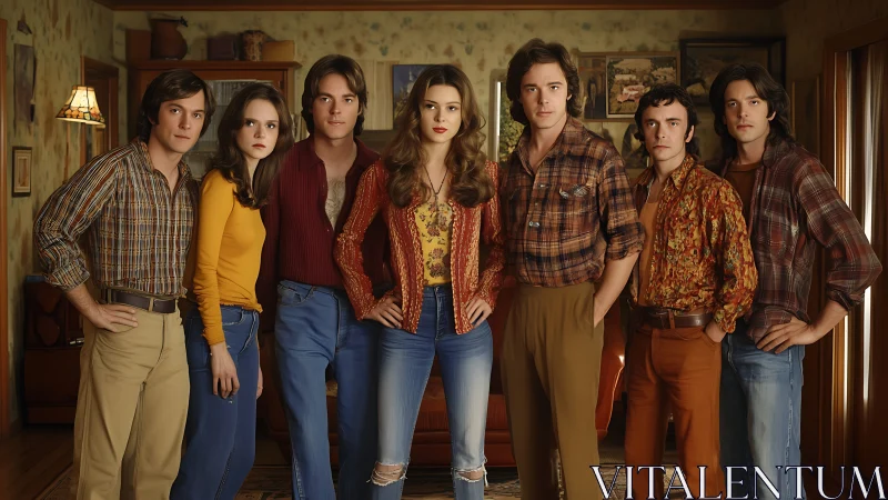 1970s living-room group portrait with coordinated retro outfits