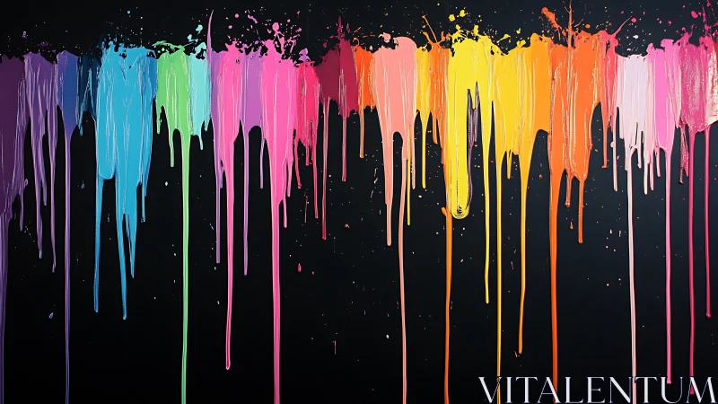 Vertical drips of multicolored paint on dark background.