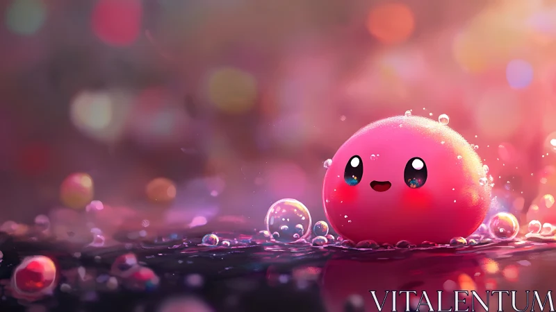 Bubble-bright coral blob grinning in dreamlit puddles.