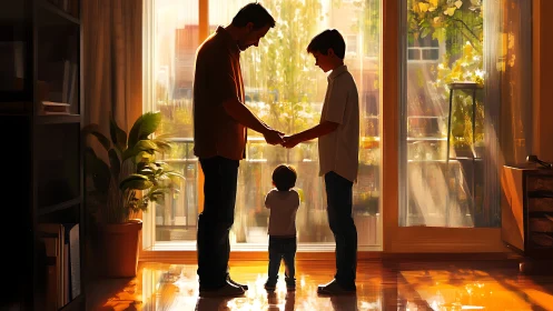 Warm evening light embraces a tender father and sons moment