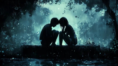 Silhouetted Figures in Luminescent Rainstorm Convergence.