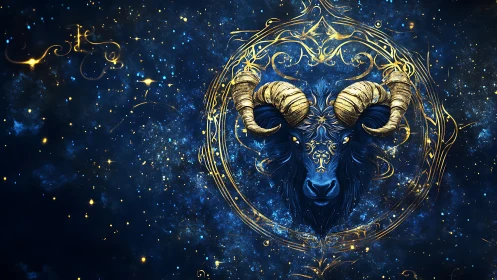 Zodiac ram head with ornate gold frame in star field.