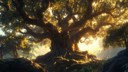 Ancient spreading tree in dense forest with low sunrise light.
