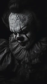 Sinister cracked-face horror clown in dramatic shadow portrait.