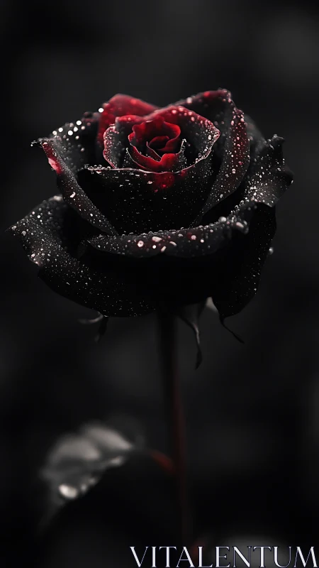 Midnight rose with crimson heart and silver rainlight.