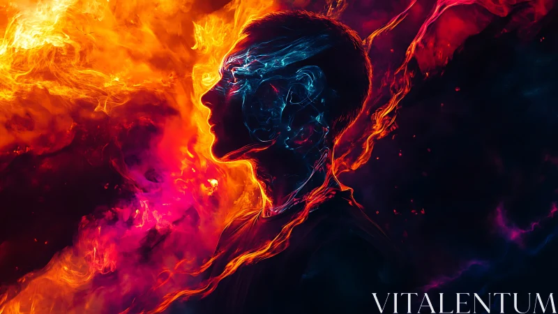 Silhouette profile in contrasting fire and neon vapors.