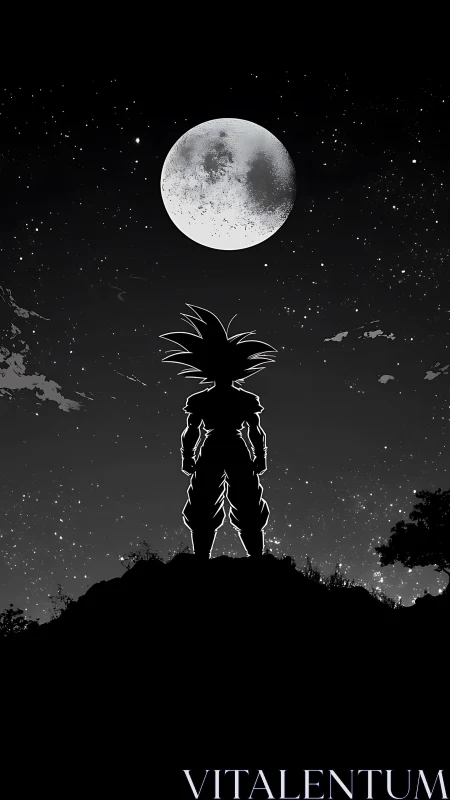 Silhouetted anime warrior under high-contrast lunar skyline.