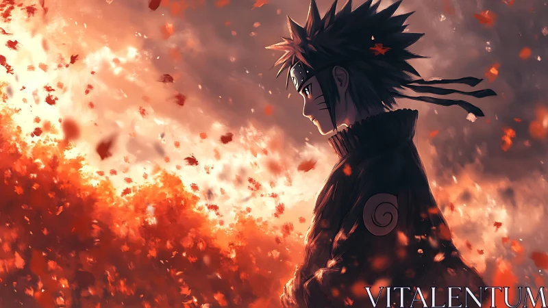 Side-lit ninja profile amid dynamic particle-like falling leaves