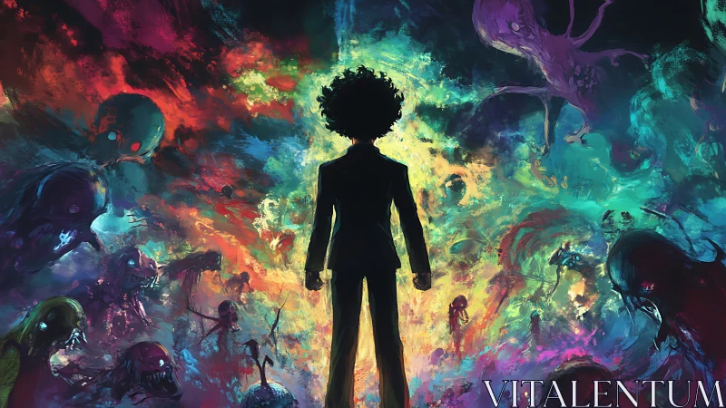 Silhouetted figure confronting spectral entities in neon vortex