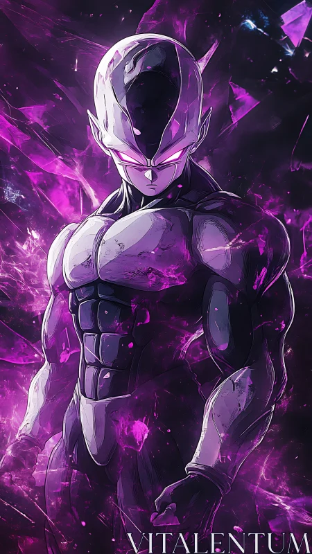 Armored alien warrior stands amid crackling violet energy storm