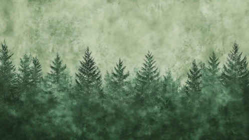 Misty Forest Dreams: Evergreens Rise Through Soft Green Haze