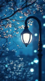 Digital painting of lamppost and blossom canopy in blue dusk.