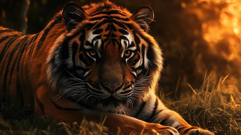 Golden sunset tiger rests gently in warm forest light