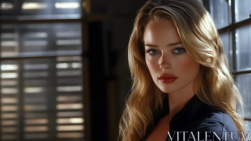 Blonde woman gazes intensely in soft industrial window light