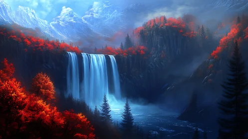 High-contrast alpine waterfall amid cyan mist and crimson foliage