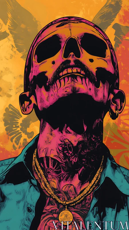 Tattooed skull-faced figure stares upward in bold colors