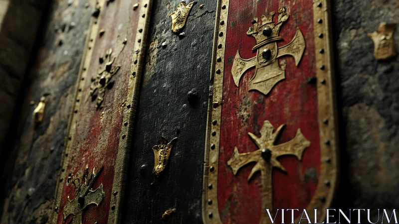 Weathered heraldic door panel showcases gilded medieval crosses
