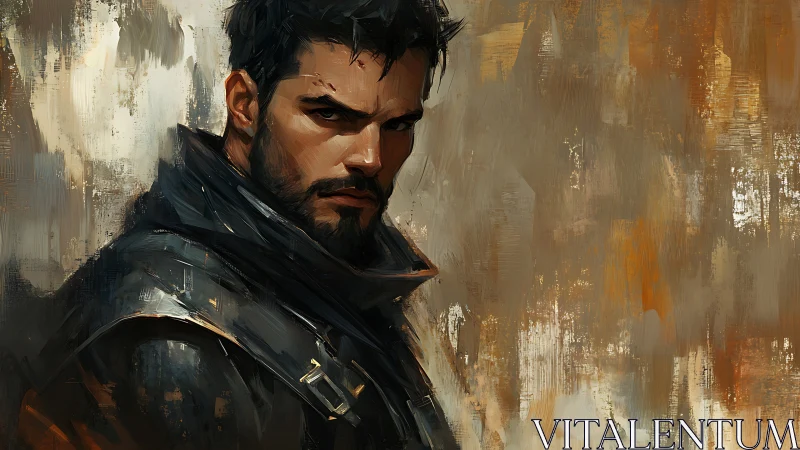 Brooding warrior portrait in textured digital painting.