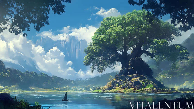 Fantastical Mountain Lake with Ancient Tree Island