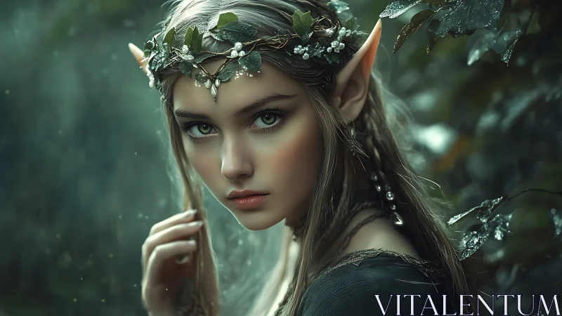 Elf woman portrait in misty green forest with leaf crown.