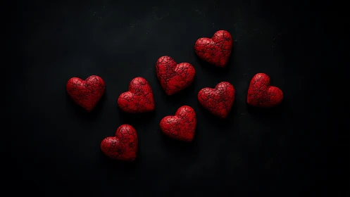 Red Textured Hearts Arranged on Black Background Display