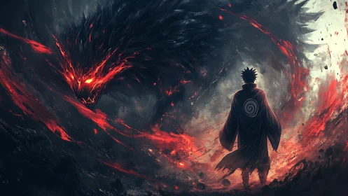 Hero confronts blazing shadow beast in a storm of embers