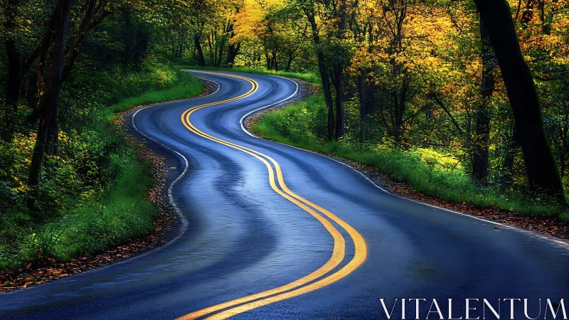 Winding forest road glows with wet pavement and fall color.